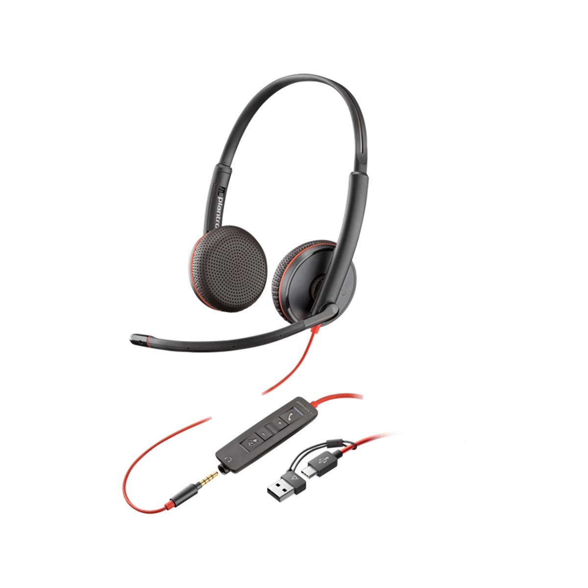 Auricular con Micrófono Stereo Poly Blackwire 3225 + CONECTOR DE 3.5 MM + ADAPTADOR USB-C/A 8X229A6
